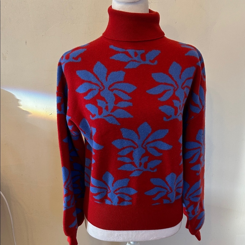 Rhode Cara wool jacquard Red Blue Floral Turtleneck Sweater Size S EUC - Picture 2 of 6